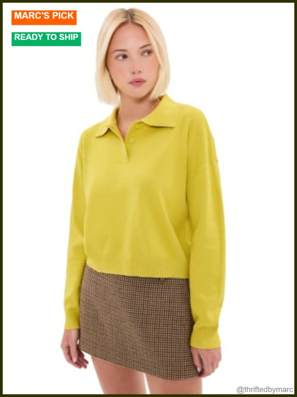 Cropped Polo Sweater Pullover Long Sleeve Cotton Blend Knit Top